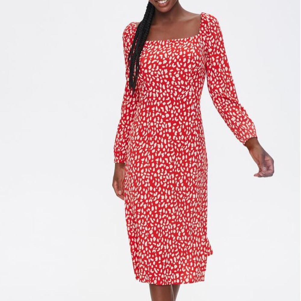 NEW! Forever 21 Crepe Dress Long Sleeves Smocked Back Side Slit Midi Size Medium
